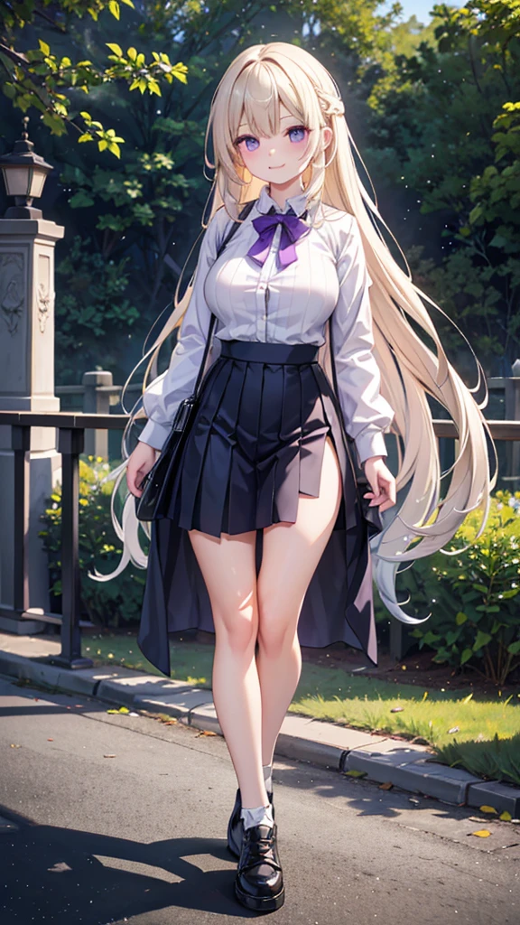 a young woman with long pastel yellow hair covering one eye, purple eyes, white button-up shirt, purple skirt, oversized brown stockings, black sneakers, large breasts, thick thighs, walking in a park background, shy smile expression, (best quality,4k,8k,highres,masterpiece:1.2),ultra-detailed,(realistic,photorealistic,photo-realistic:1.37),intricate details,vibrant colors,soft lighting,cinematic composition,elegant fashion design