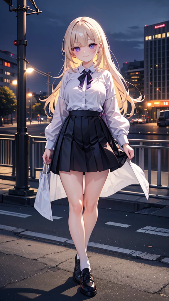 a young woman with long pastel yellow hair covering one eye, purple eyes, white button-up shirt, purple skirt, oversized brown stockings, black sneakers, large breasts, thick thighs, walking in a park background, shy smile expression, (best quality,4k,8k,highres,masterpiece:1.2),ultra-detailed,(realistic,photorealistic,photo-realistic:1.37),intricate details,vibrant colors,soft lighting,cinematic composition,elegant fashion design