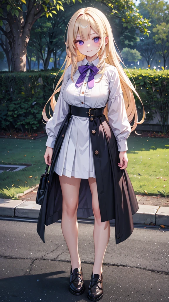 a young woman with long pastel yellow hair covering one eye, purple eyes, white button-up shirt, purple skirt, oversized brown stockings, black sneakers, large breasts, thick thighs, walking in a park background, shy smile expression, (best quality,4k,8k,highres,masterpiece:1.2),ultra-detailed,(realistic,photorealistic,photo-realistic:1.37),intricate details,vibrant colors,soft lighting,cinematic composition,elegant fashion design