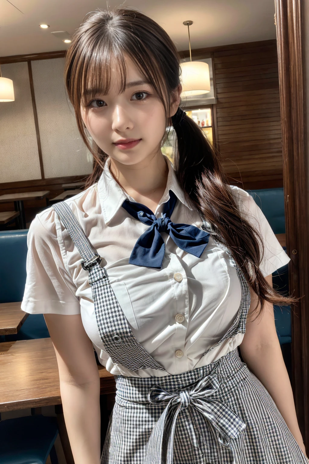 (8K, RAW Photos, Highest quality, masterpiece:1.3), (professional photography, full colors, studio-caliber color grading), (Gravure quality for high-end fashion magazines),  BREAK, 1girl, (fluffy ponytail:1.2), (double-breasted,underbust:1.2), Big Natural Color Lip, (Plumpy body:1.2), (smooth skin:1.1), (breasts:1.2),  BREAK, (gingham-check suspender-apron:1.2), (solid-blue high-waist skirt:1.2), (apron over skirt:1.1), (white blouse:1.2), short sleeves, button gap, (solid-blue bow-tie:1.1),  BREAK, dynamic pose, cafe, Restaurant,
