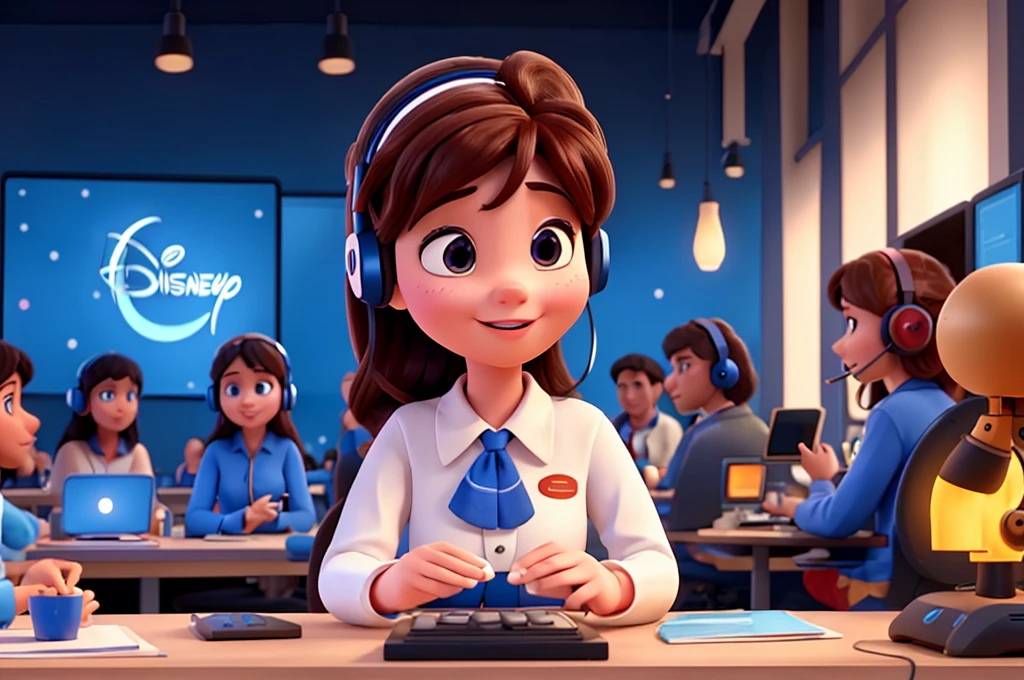 To create an AI image with the Disney Pixar animation theme in a customer service call center WITH PEOPLE SERVING IN VARIOUS AREAS
