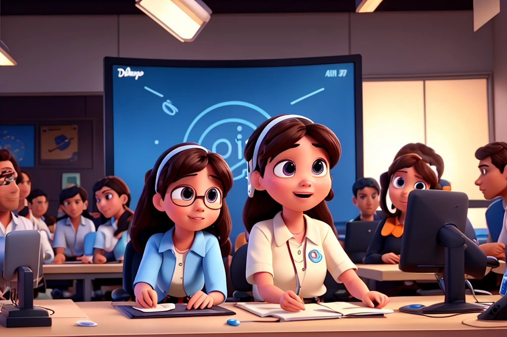 To create an AI image with the Disney Pixar animation theme in a customer service call center WITH PEOPLE SERVING IN VARIOUS AREAS