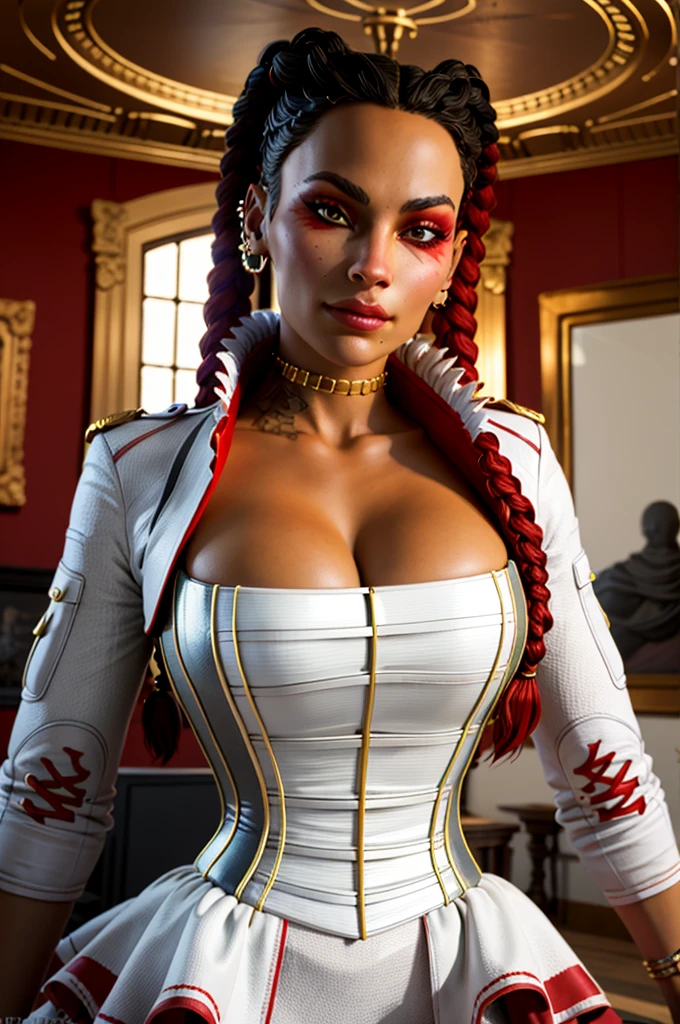 loba, lobapex corset, lobapex jacket, lobapex choker, lobapex earrings, twin braids, red eyeshadow, tattoo, portait, cleavage, looking at viewer, standing in mansion, beautiful, ((masterpiece:1.2)), ((best quality:1.2)), extremely detailed face, perfect eyes, perfect face, perfect lighting, 