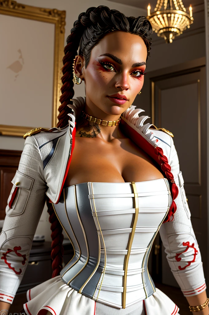 loba, lobapex corset, lobapex jacket, lobapex choker, lobapex earrings, twin braids, red eyeshadow, tattoo, portait, cleavage, looking at viewer, standing in mansion, beautiful, ((masterpiece:1.2)), ((best quality:1.2)), extremely detailed face, perfect eyes, perfect face, perfect lighting, 