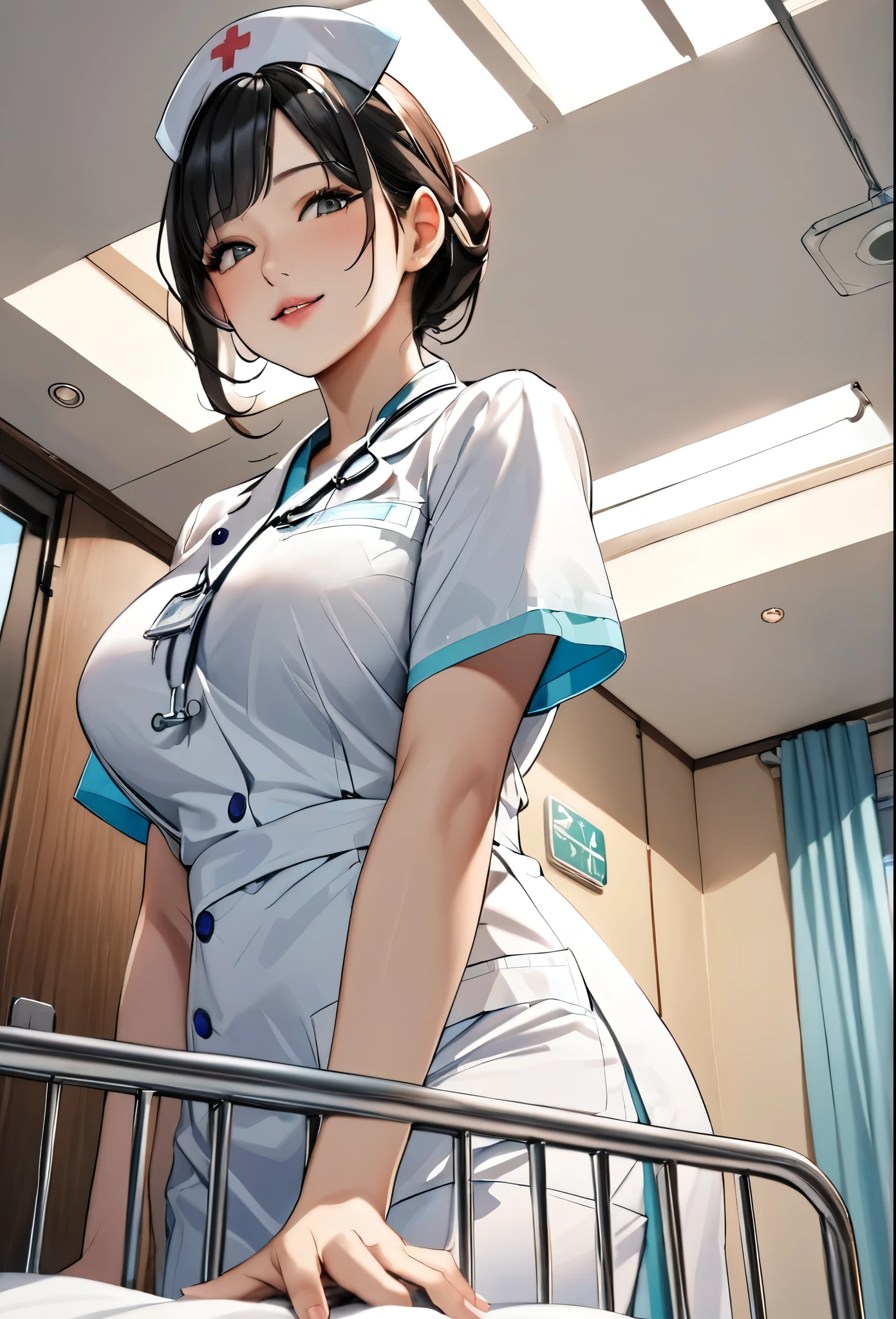 1 lady only, (look down), (from below), (Looking out from behind the partition curtain), Medical staff, (Nurse), Mature female, /(black hair/) Bangs, Friendly Smile, (Masterpiece best quality:1.2) Exquisite illustrations are super detailed, Big BoobsBREAK (hospital ward) Indoors, (Bright white ceiling:1.2), (View from the bed:1.2), Detailed Background