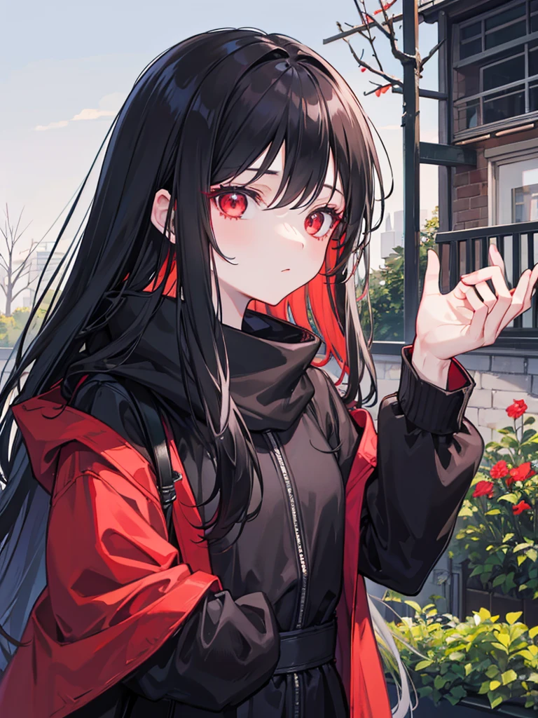 woman, red eyes, long curry wauy black hair. wear black jacket, arrogant, independent woman. background in garden. winter