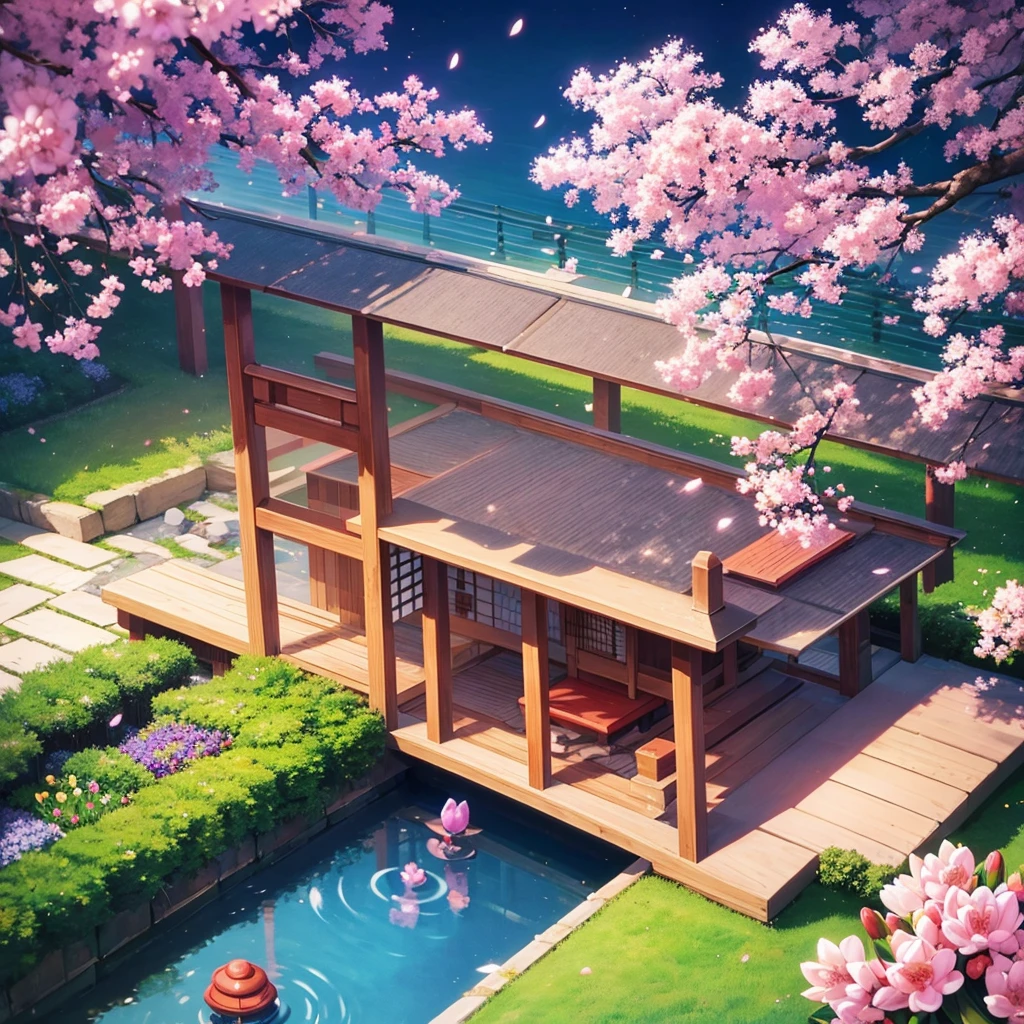 A beautiful Japanese garden with cherry trees and purple flowers around with a small pond and purple tulips With a happy anime girlfriend and boyfriend