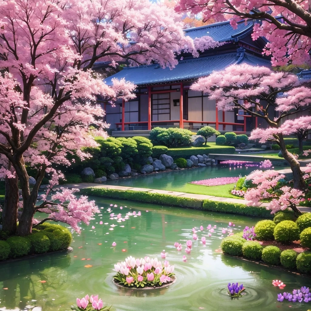 A beautiful Japanese garden with cherry trees and purple flowers around with a small pond and purple tulips With a happy anime girlfriend and boyfriend