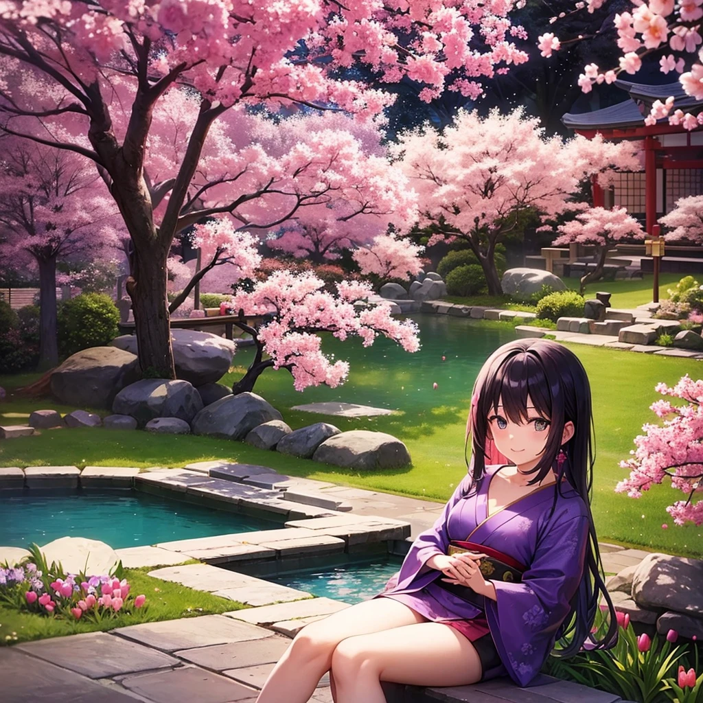 A beautiful Japanese garden with cherry trees and purple flowers around with a small pond and purple tulips With a happy anime girlfriend and boyfriend