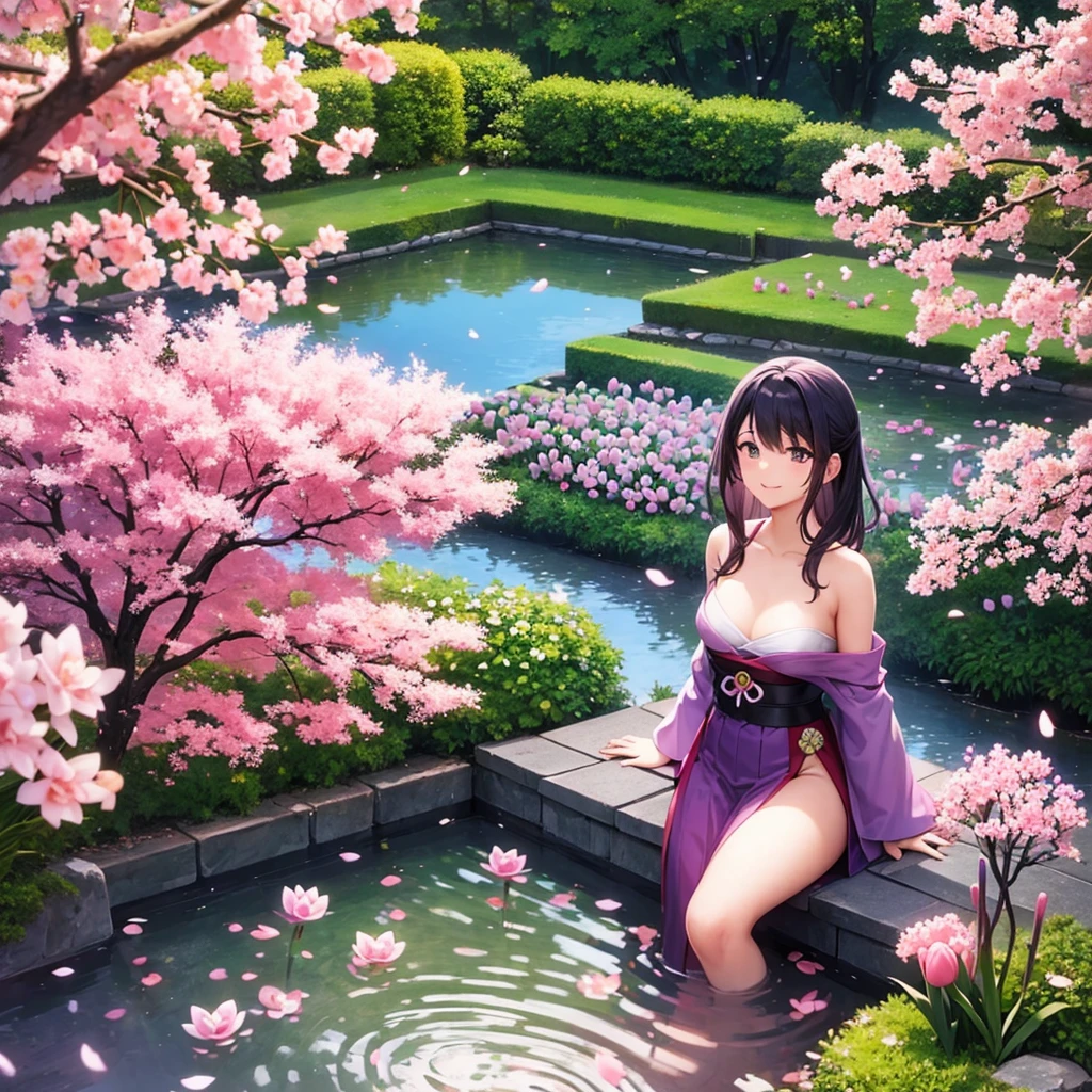 A beautiful Japanese garden with cherry trees and purple flowers around with a small pond and purple tulips With a happy anime girlfriend and boyfriend