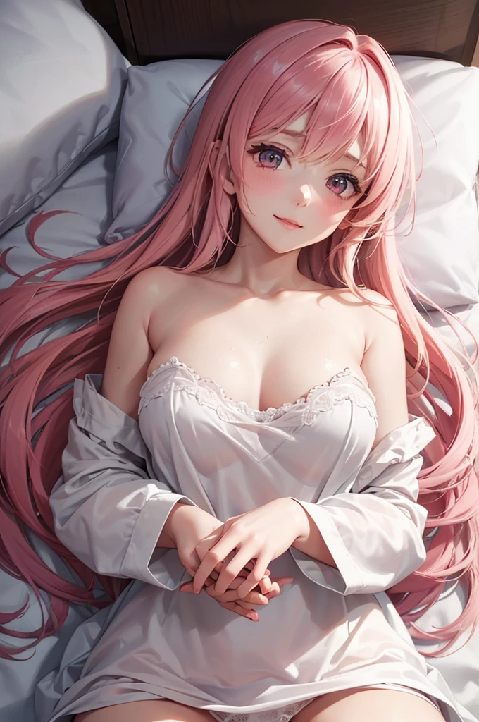 (Best Quality,High resolution,8K,finelity detailed background,Masterpiece:1.2),beautiful girl,Shiny pink hair,messy hair,Pink eyes,Gentle look,A refreshing look,Best quality,Best Quality,Aesthetic and aesthetic:1.2,Best details((Super detailed))(High-definition CG illustrations),cuteパジャマ,Slender body,night,Moonlight,Bedroom,On the bed,smile,blush,cute,Scrounge,Looking up,Being spoiled,super model,wariza,shoot from below