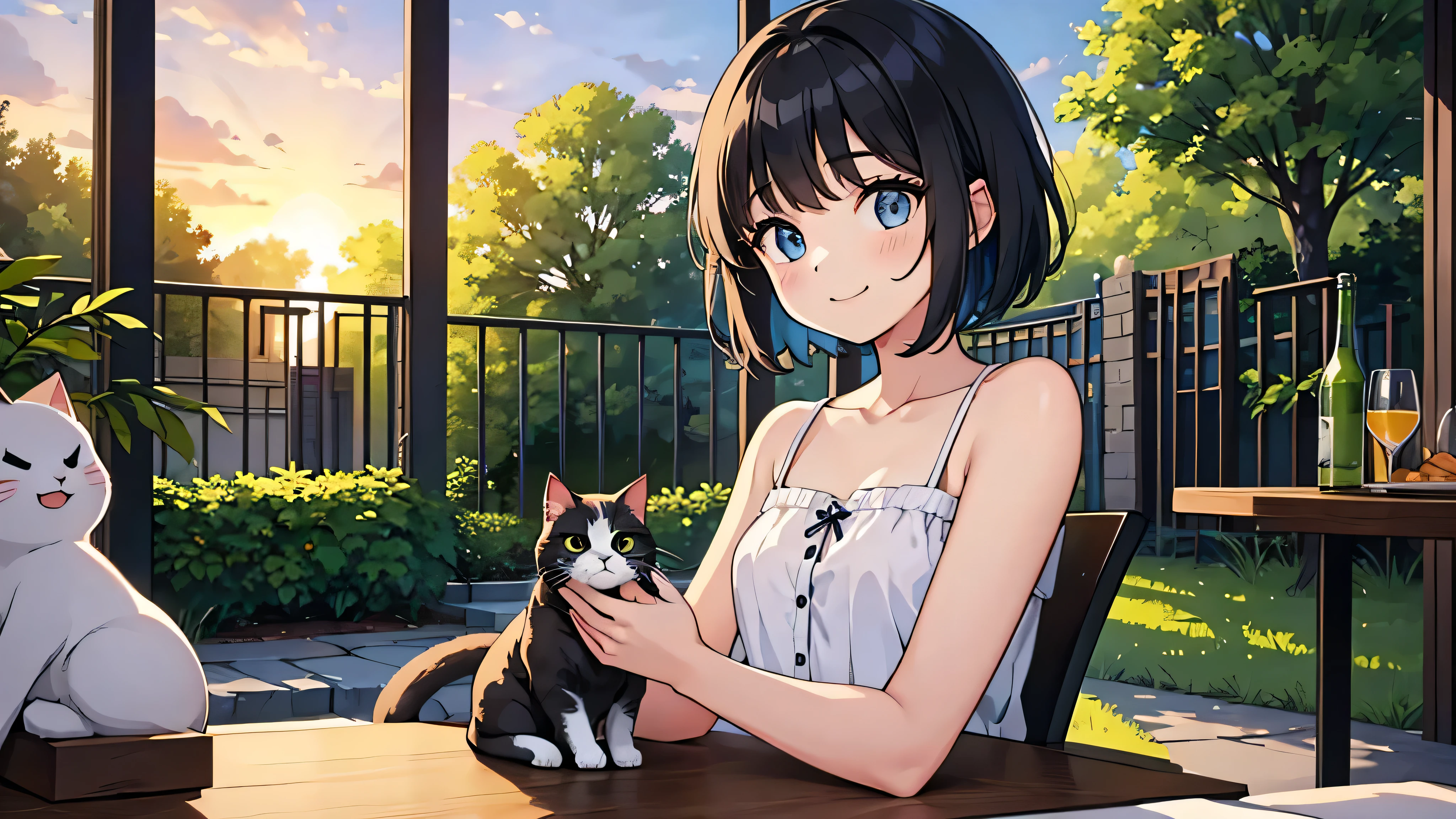 1 girl, solo, blue eyes, (detailed eyes), flat chest, short hair, black hair, upper body, gentle smile on her face, sitting up straight((masterpiece, illustration, best quality)) mono tone of black and orange illustration of a happy lady sitting side by side with her beloved cat enjoying the beautiful scene of sunset in the home garden, back facing camera, contrast lighting, 60% human and cat 40% background, positive vibes,