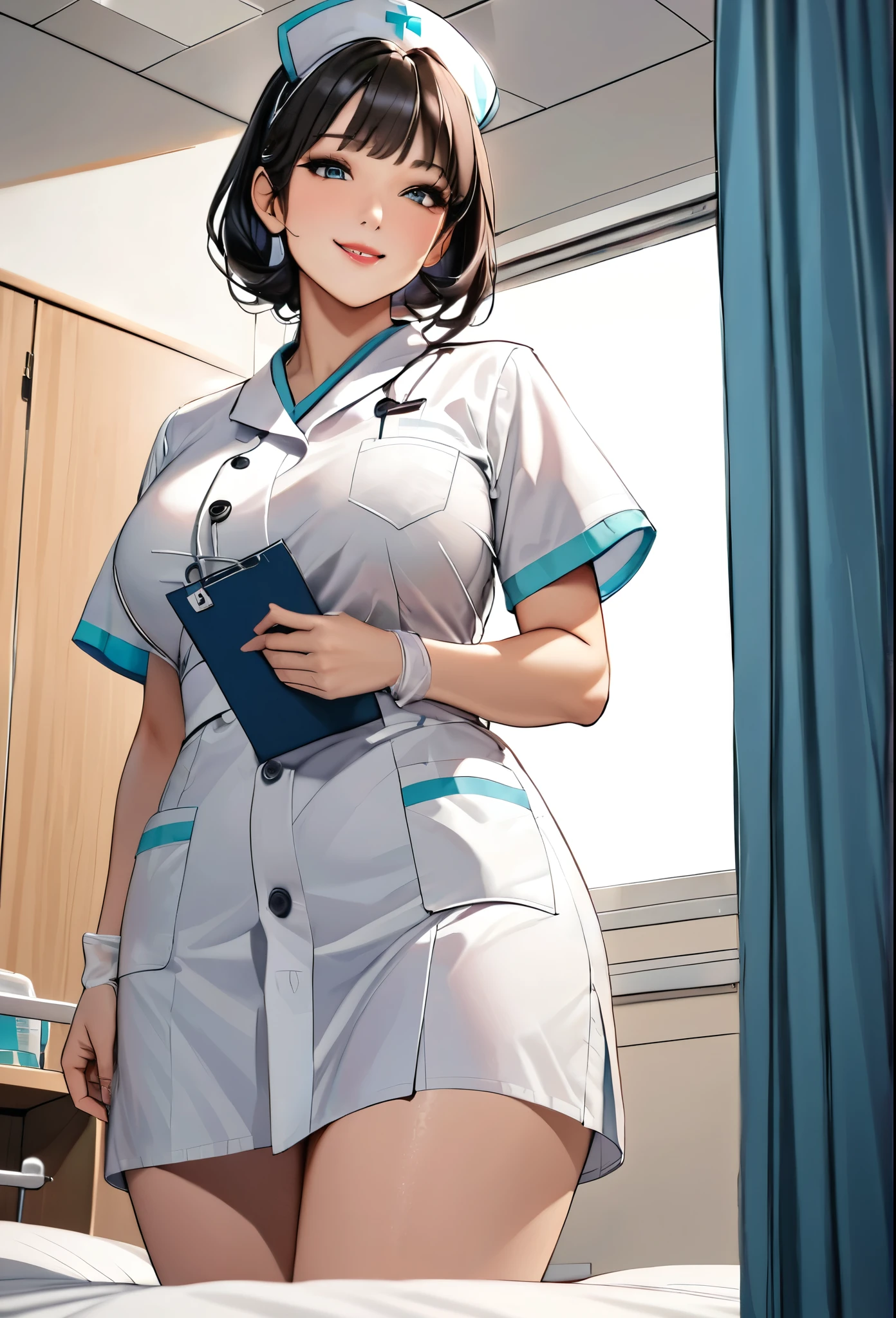 1 lady only, (look down), (from below), (Looking out from behind the partition curtain), Medical staff, (Nurse), Mature female, /(black hair/) Bangs, Friendly Smile, (Masterpiece best quality:1.2) Exquisite illustrations are super detailed, Big BoobsBREAK (hospital ward) Indoors, (Bright white ceiling:1.2), (View from the bed:1.2), Detailed Background