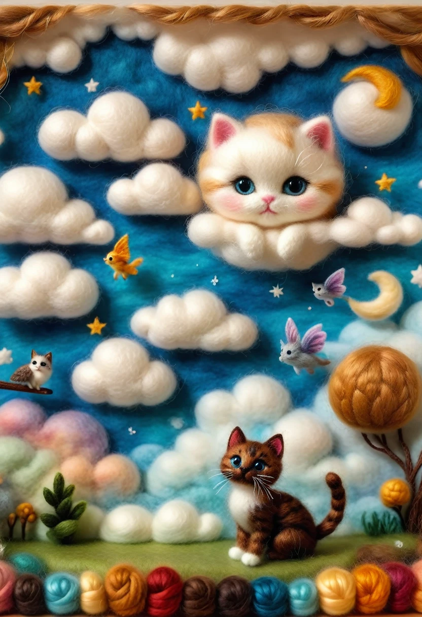 Needle Felt Art:1.5, Wool felt art:1.5, Kitten masterpiece, Floating Kitten、Fluffy Clouds、Brown Cat、A dreamy space、3d
