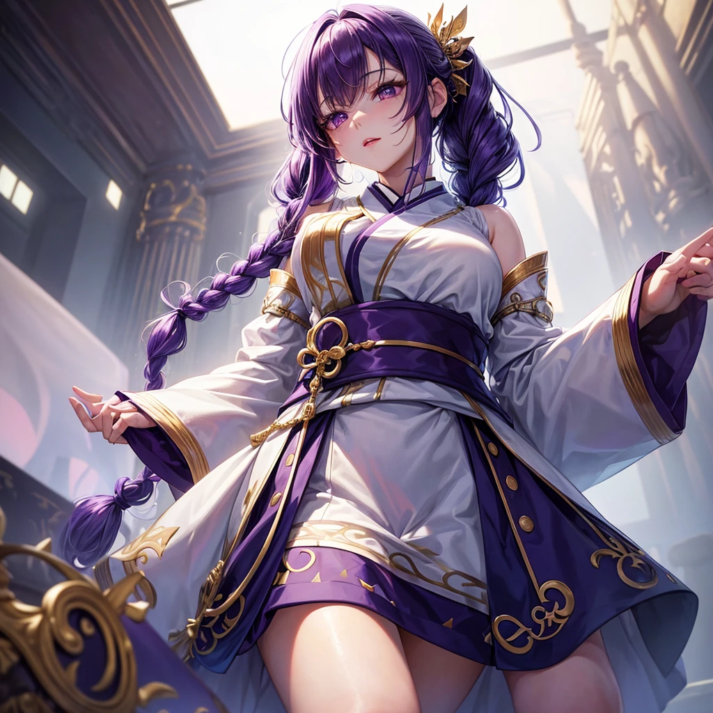 （（（完美cipher，cipher，Alone， （（（white kimono,long sleeves, wide sleeves, ））），（（（purple hair, wide, updo hair,Chapped lips,purple eyes, simple braid,））），((Masterpiece)),high resolution, ((Best quality at best))，Masterpiece，quality，Best quality，（（（ exquisite facial featureslooking at the audience,There is light in the eyes，(（（Ha ha ha，happy，））），））），（（（Light and shadow，huge breastslooking at the camera，White background，Sitting astride，Open your legs，from below，seeking out)）））