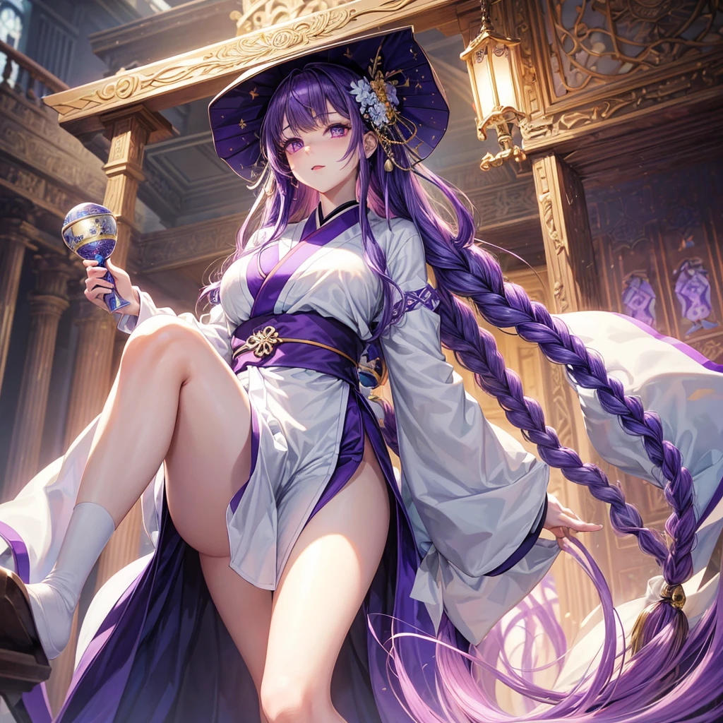 (((完美cipher,cipher,Alone, (((white kimono,long sleeves, wide sleeves, ))),(((purple hair, wide, updo hair,Chapped lips,purple eyes, simple braid,))),((Masterpiece)),high resolution, ((Best quality at best)),Masterpiece,quality,Best quality,((( exquisite facial featureslooking at the audience,There is light in the eyes,(((Ha ha ha,happy,))),))),(((Light and shadow,huge breastslooking at the camera,White background,Sitting astride,Open your legs,from below,seeking out))))
