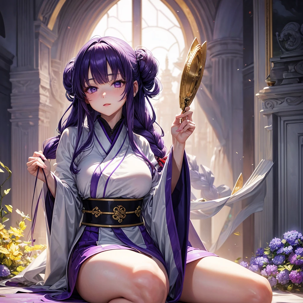 (((完美cipher,cipher,Alone, (((white kimono,long sleeves, wide sleeves, ))),(((purple hair, wide, updo hair,Chapped lips,purple eyes, simple braid,))),((Masterpiece)),high resolution, ((Best quality at best)),Masterpiece,quality,Best quality,((( exquisite facial featureslooking at the audience,There is light in the eyes,(((Ha ha ha,happy,))),))),(((Light and shadow,huge breastslooking at the camera,White background,Sitting astride,Open your legs,from below,seeking out))))