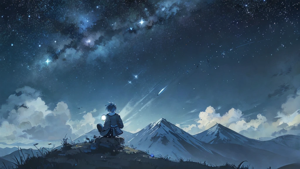 Little Blue Bird。Under the stars。On a hill far away、A small person is alone with his back to me。Playing a big acoustic guitar。