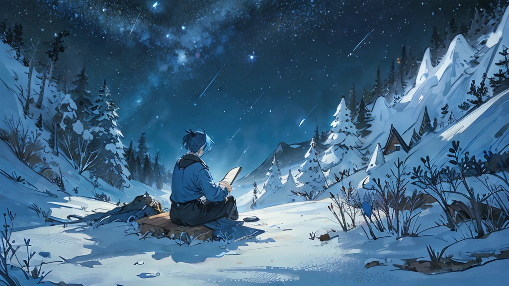 Little Blue Bird。Under the stars。On a hill far away、A small person is alone with his back to me。Playing a big acoustic guitar。