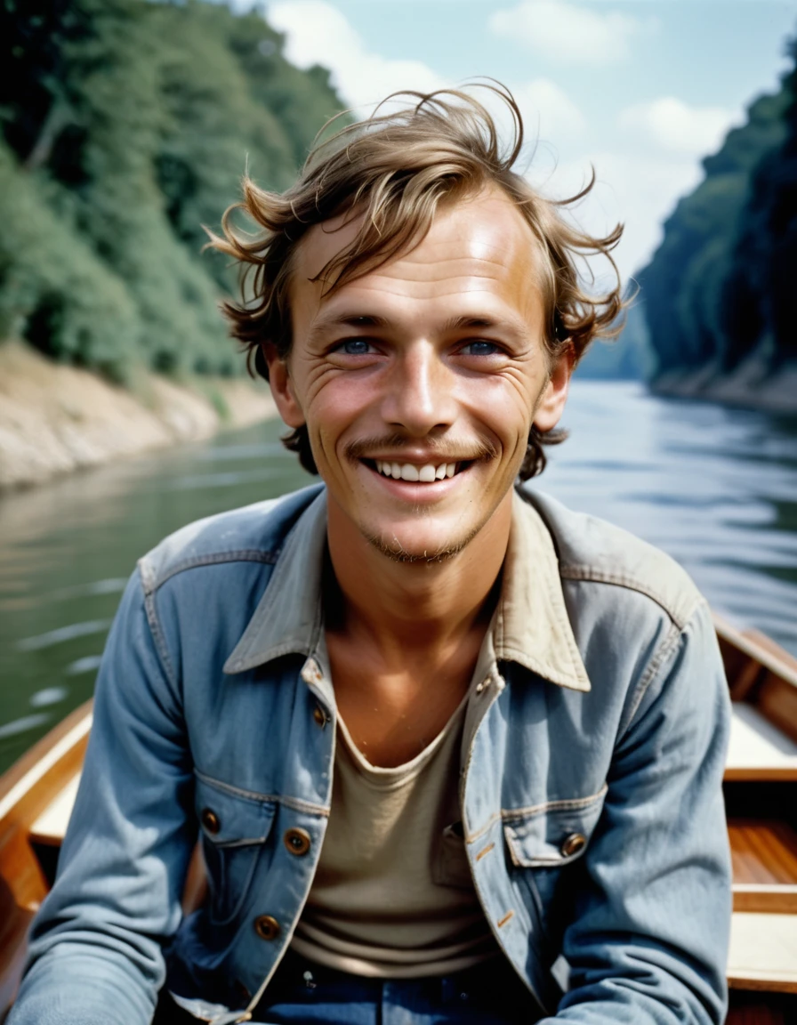 portrait d'un homme sks, en voyage sur un petit bateau sur un fleuve, Veste en jean skinny, de Henri Cartier-Bresson, composition de personnages épique, Éclairage naturel, yeux parfaits, photo couleur, hyper realiste, visage détaillé (Sourire parfait:0.7), cheveux pas trop long, tête européenne, caucasien, plus de détail