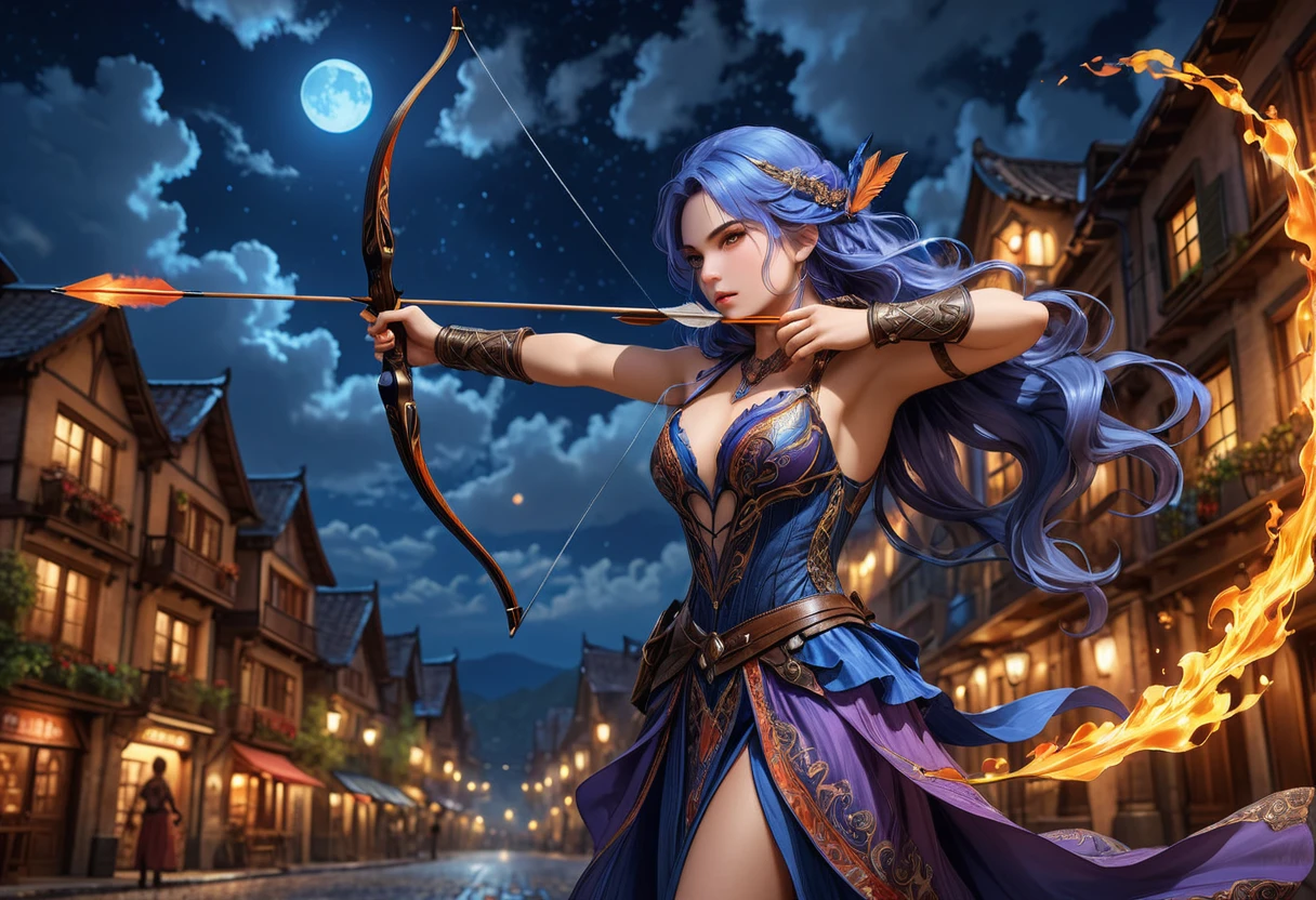 a picture of fire sorceress firing a flaming arrow from a magnificent epic bow, an (elite glamour beautiful: 1.2), fire sorceress, ultra detailed face,  perfect face, blue hair, long hair, wavy hair, wearing wild glamour dress, intricate dress, purple dress , with fire patterns on it, aiming an epic bow with a flaming arrow,  dynamic bow, sting drawn to the cheek , arrow ready to be shot, dynamic bow, sting drawn to the cheek , arrow ready to be shot, it is night, moon light, starry night, cloudy night,  high details, best quality, 16k, [ultra detailed], masterpiece, best quality, (extremely detailed), dynamic angle, full body shot, fantasy urban street at night bacground,  ,faize, firing and arrow, bow (weapon)