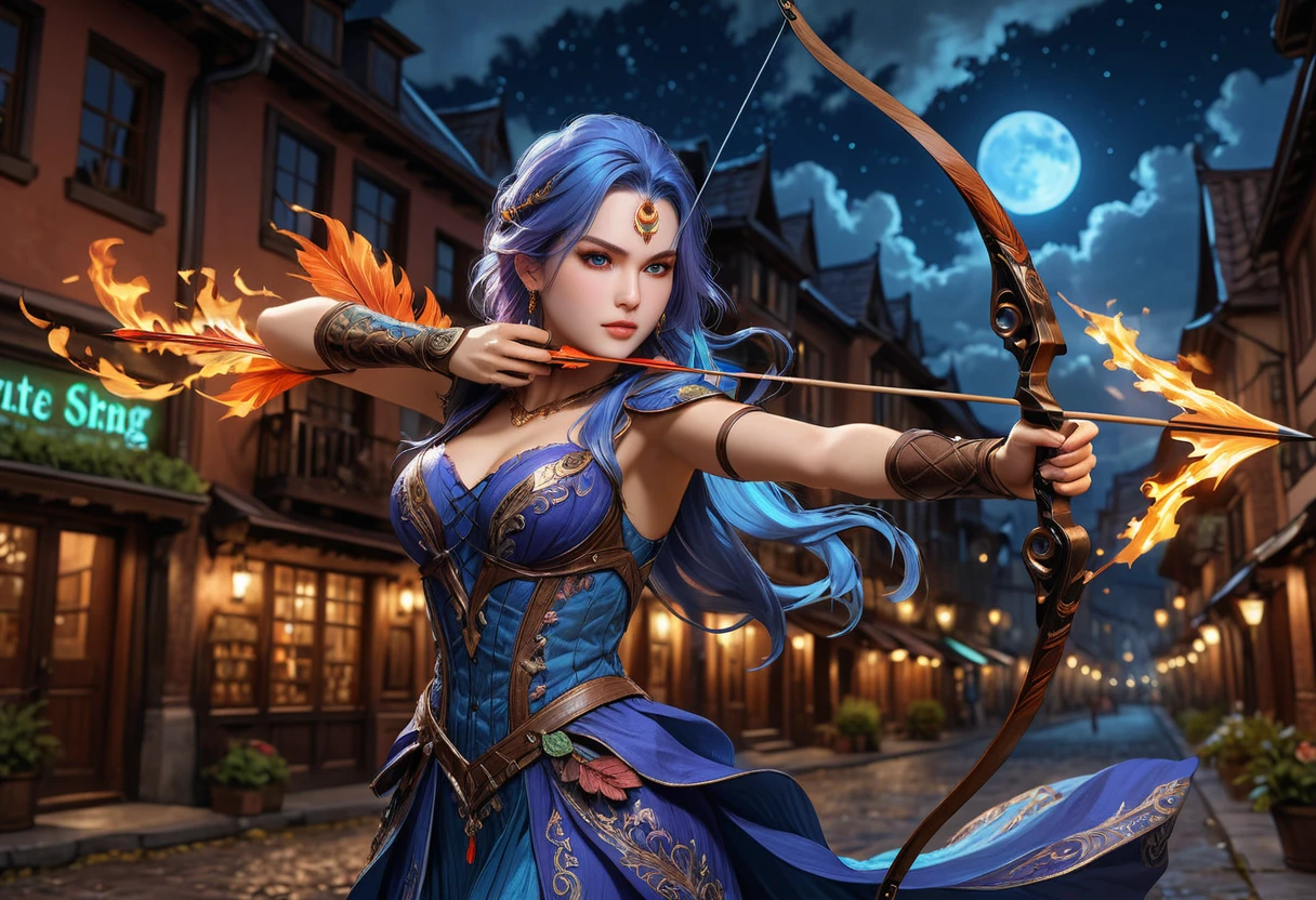 a picture of fire sorceress firing a flaming arrow from a magnificent epic bow, an (elite glamour beautiful: 1.2), fire sorceress, ultra detailed face,  perfect face, blue hair, long hair, wavy hair, wearing wild glamour dress, intricate dress, purple dress , with fire patterns on it, aiming an epic bow with a flaming arrow,  dynamic bow, sting drawn to the cheek , arrow ready to be shot, dynamic bow, sting drawn to the cheek , arrow ready to be shot, it is night, moon light, starry night, cloudy night,  high details, best quality, 16k, [ultra detailed], masterpiece, best quality, (extremely detailed), dynamic angle, full body shot, fantasy urban street at night bacground,  ,faize, firing and arrow, bow (weapon)