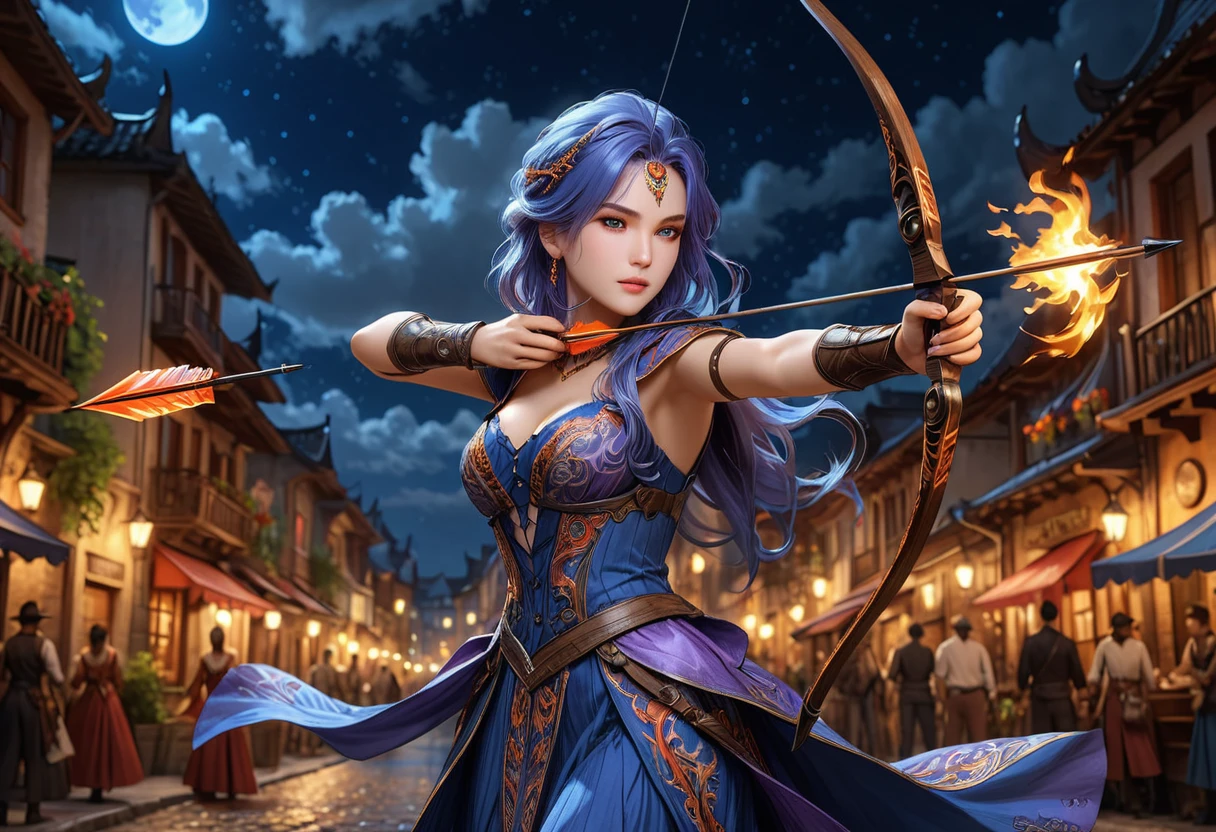 a picture of fire sorceress firing a flaming arrow from a magnificent epic bow, an (elite glamour beautiful: 1.2), fire sorceress, ultra detailed face,  perfect face, blue hair, long hair, wavy hair, wearing wild glamour dress, intricate dress, purple dress , with fire patterns on it, aiming an epic bow with a flaming arrow,  dynamic bow, sting drawn to the cheek , arrow ready to be shot, dynamic bow, sting drawn to the cheek , arrow ready to be shot, it is night, moon light, starry night, cloudy night,  high details, best quality, 16k, [ultra detailed], masterpiece, best quality, (extremely detailed), dynamic angle, full body shot, fantasy urban street at night bacground,  ,faize, firing and arrow, bow (weapon)