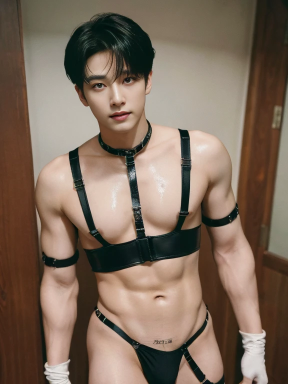 (masutepiece,High resolution,ultra - detailed:1.0),1(man,Robot man),Perfect male body,Look at the camera,Delicate eyes and delicate face,extremely details CG,Unity 8k wallpaper,intricate-detail,solo person,Detailed face, ((chest harness, garter straps, Harness strap, neck strap , micro string thongs)), Best Quality, hands visible, Gloves, slicked back hair:1.5 , full length shot(fls) , big thighs , insane details, hyper details ,16k resolution , ultra-high clarity , hyperrealism, uhd,(K-pop idol shooting porn magazine cover photo), thick thighs, male , ((unrealistic wide hips , unrealistic wide pelvis )), ((only man , only male)) , ((ultra realism , ultra photorealism)) , (sexy , eroticism , nsfw , gay , gay focus) , mature man , pectoral , ((superstar)) , kinky , snake eyes , ((glossy wet body)) , This photorealistic portrait combines the style of National Geographic., Capture every detail of his textured skin in 8k resolution. Leica digital SLR camera. His features were clearly visible., From the deep-set eyes to the chiselled jawline., Make this image a true masterpiece..Lift. (8K UHD、RAW Photography、Photorealistic Portrait Leica Digital SLR、Lifelike images) , grins , very tight harness , ((kpop idol))