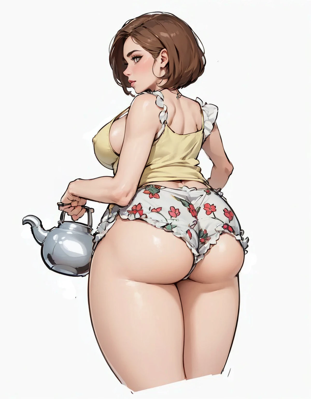 a beautiful woman artwork ultra detailed artwork, woman 32 (back to back holding a kettle )years beautiful face whim,very well lit perfect skin beautiful mouth lipstick sexy face,ultra detailed dark brown hair.Natural brightness,very hot perfect body ,very hot huge breasts big breasts ,Breasts huge,Slim waist wide hips,perfect leg ,She wears very tight white heart shorts with lace, drawing curves( bunda big ass )yellow tank top squeezing her immense breasts