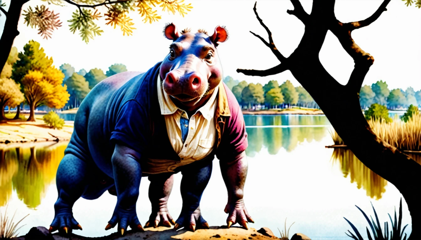 (photography film style), anthropomorphic, cute hippopotamus, watercolor, lakeside, surrounded by trees, wearing casual clothes, 2D, colorful, warm atmosphere, shiny, Jean-Baptiste Monge style, Alan Lee style