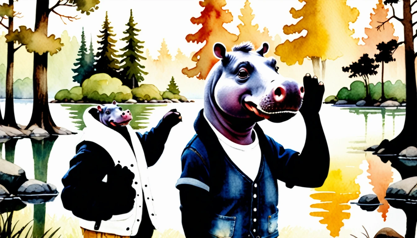 (photography film style), anthropomorphic, cute hippopotamus, watercolor, lakeside, surrounded by trees, wearing casual clothes, 2D, colorful, warm atmosphere, shiny, Jean-Baptiste Monge style, Alan Lee style
