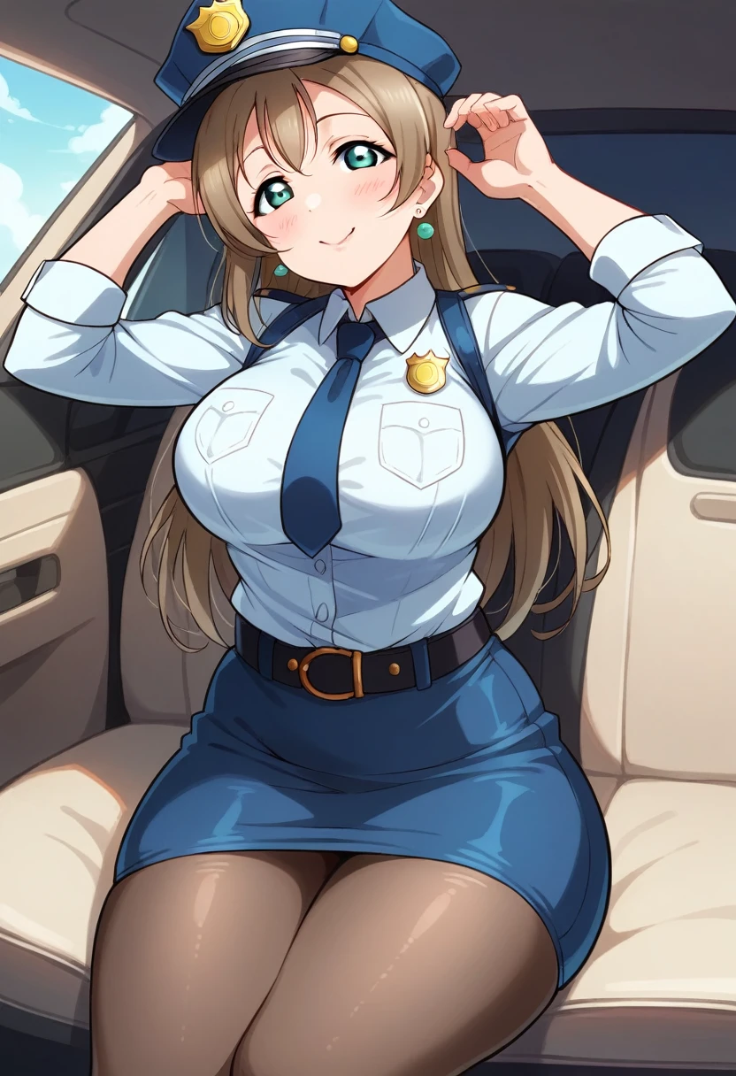 Masterpiece, best quality, Kotori Minami Love Live, curvy body, :D ,white tight shirt,half sleeves,earrings, pencil skirt, necktie , sitting above car,police cap,in police station,looking at viewer, cowboy shot, thighs, wide hips  ,solo  ,belt, pantyhose , skindentation , cowboy shot,milf