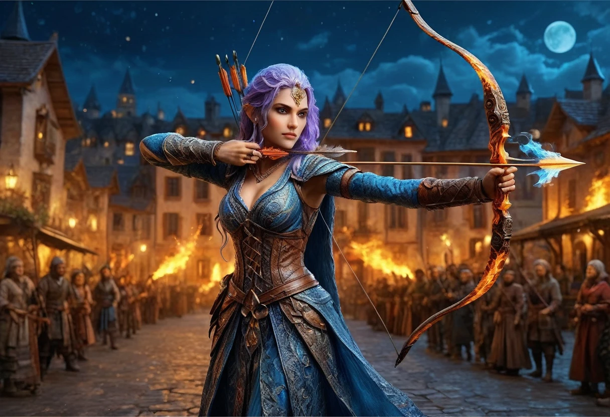 a picture of fire sorceress firing a flaming arrow from a magnificent epic bow, an (elite glamour beautiful: 1.2), fire sorceress, ultra detailed face,  perfect face, blue hair, long hair, wavy hair, wearing wild glamour dress, intricate dress, purple dress , with fire patterns on it, aiming an epic bow with a flaming arrow,  dynamic bow, sting drawn to the cheek , arrow ready to be shot, dynamic bow, sting drawn to the cheek , arrow ready to be shot, it is night, moon light, starry night, cloudy night,  high details, best quality, 16k, [ultra detailed], masterpiece, best quality, (extremely detailed), dynamic angle, full body shot, fantasy urban street at night bacground,  ,faize, firing and arrow, bow (weapon)