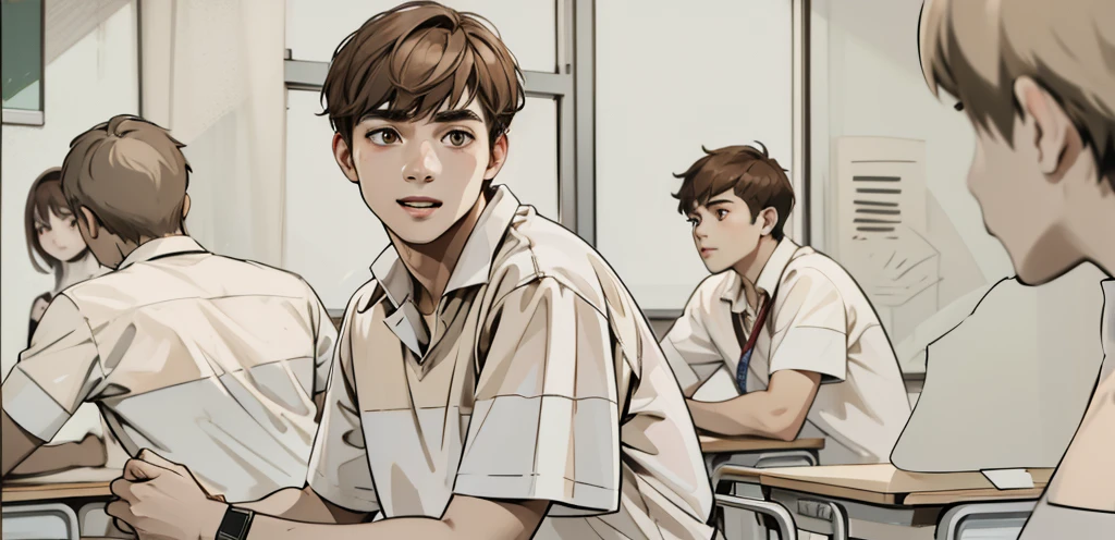 a group of students in the classroom all have brown hair. and brown eyes, his shirt is half brown and half white.
