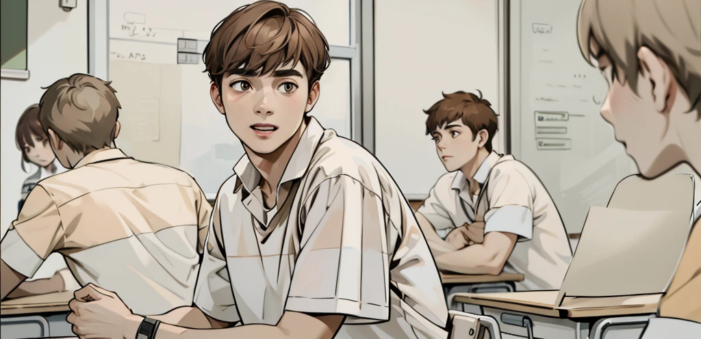a group of students in the classroom all have brown hair. and brown eyes, his shirt is half brown and half white.