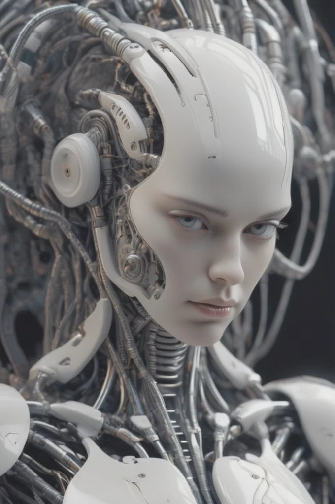 complex 3d render ultra detailed of a beautiful porcelain profile woman android face, cyborg, robotic parts, 150 mm, beautiful studio soft light, rim light, vibrant details, luxurious cyberpunk, lace, hyperrealistic, anatomical, facial muscles, cable electric wires, microchip, elegant, beautiful background, octane render, H. R. Giger style, 8k, best quality, masterpiece, illustration, an extremely delicate and beautiful, extremely detailed ,CG ,unity ,wallpaper, (realistic, photo-realistic:1.37),Amazing, finely detail, masterpiece,best quality,official art, extremely detailed CG unity 8k wallpaper, absurdres, incredibly absurdres, robot, silver halmet, full body, sitting