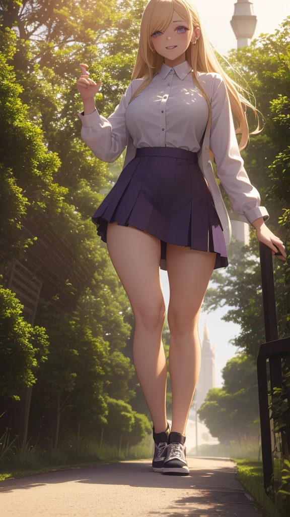 a young woman with long pastel yellow hair covering one eye, purple eyes, white button-up shirt, purple skirt, oversized brown stockings, black sneakers, large breasts, thick thighs, walking in a park background, shy smile expression, (best quality,4k,8k,highres,masterpiece:1.2),ultra-detailed,(realistic,photorealistic,photo-realistic:1.37),intricate details,vibrant colors,soft lighting,cinematic composition,elegant fashion design