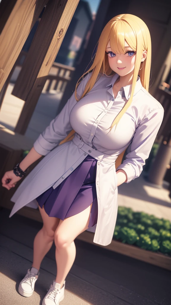 a young woman with long pastel yellow hair covering one eye, purple eyes, white button-up shirt, purple skirt, oversized brown stockings, black sneakers, large breasts, thick thighs, walking in a park background, shy smile expression, (best quality,4k,8k,highres,masterpiece:1.2),ultra-detailed,(realistic,photorealistic,photo-realistic:1.37),intricate details,vibrant colors,soft lighting,cinematic composition,elegant fashion design