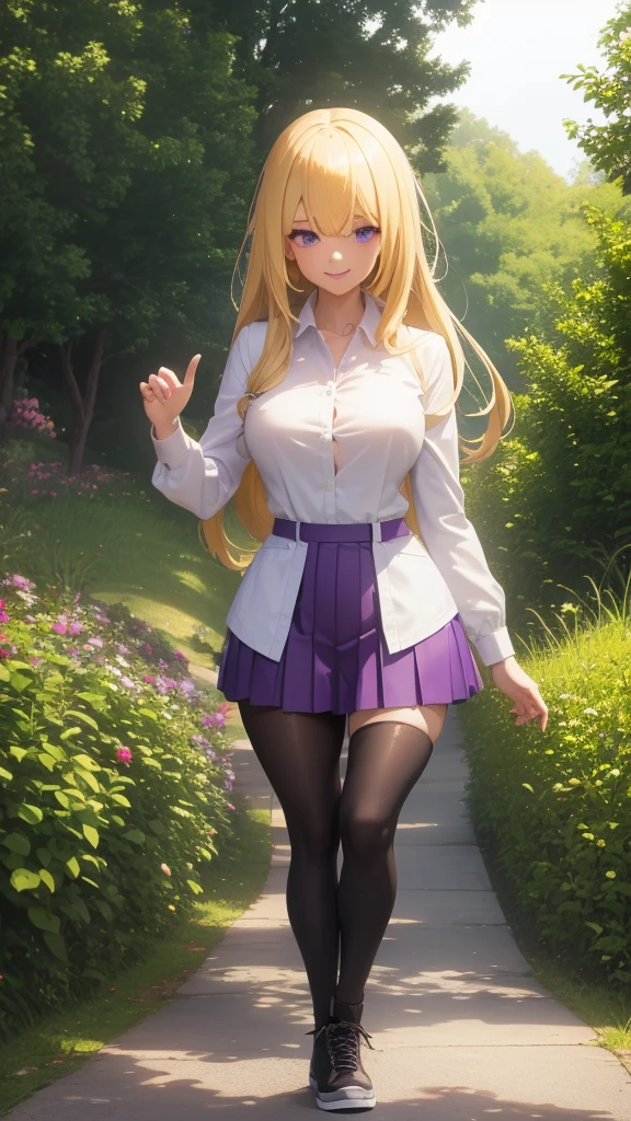 a young woman with long pastel yellow hair covering one eye, purple eyes, white button-up shirt, purple skirt, oversized brown stockings, black sneakers, large breasts, thick thighs, walking in a park background, shy smile expression, (best quality,4k,8k,highres,masterpiece:1.2),ultra-detailed,(realistic,photorealistic,photo-realistic:1.37),intricate details,vibrant colors,soft lighting,cinematic composition,elegant fashion design