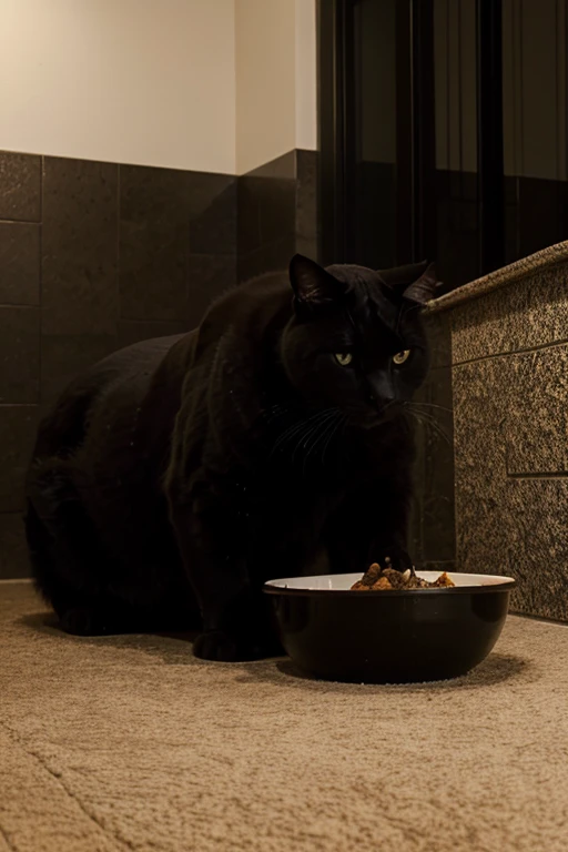 big black fat cat finishes his food from a bowl