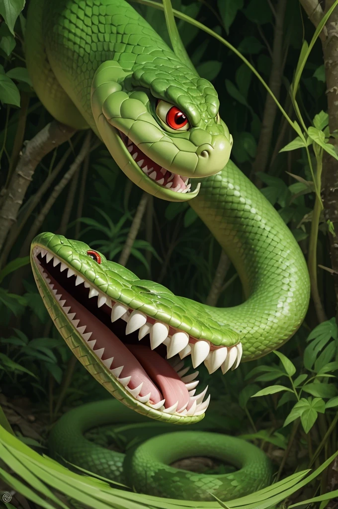 An angry Disney-style snake, furious in the middle of the jungle