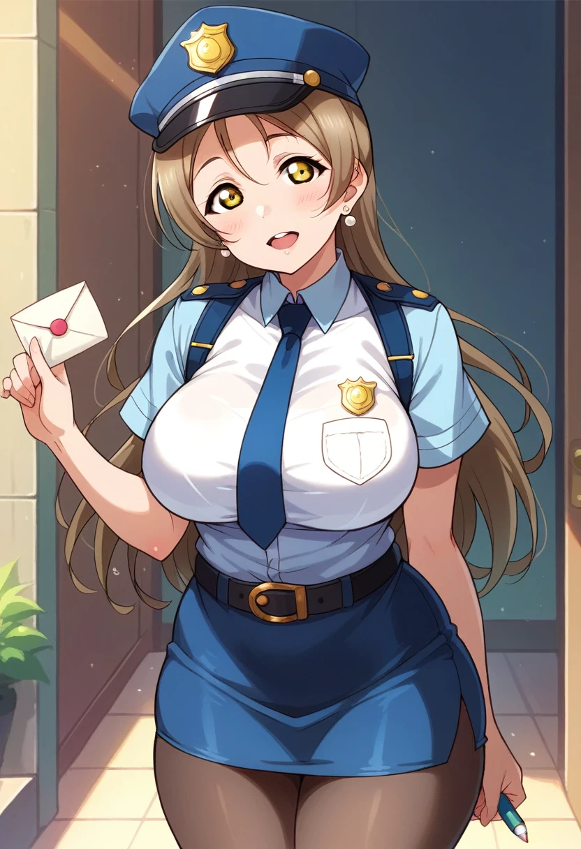 Masterpiece, best quality, Kotori Minami Love Live, curvy body, :D ,white tight shirt,half sleeves,earrings, pencil skirt, necktie , standing,police cap,in police station,looking at viewer, cowboy shot, thighs, wide hips  ,solo  ,belt, pantyhose , skindentation , cowboy shot,milf, writing a letter 