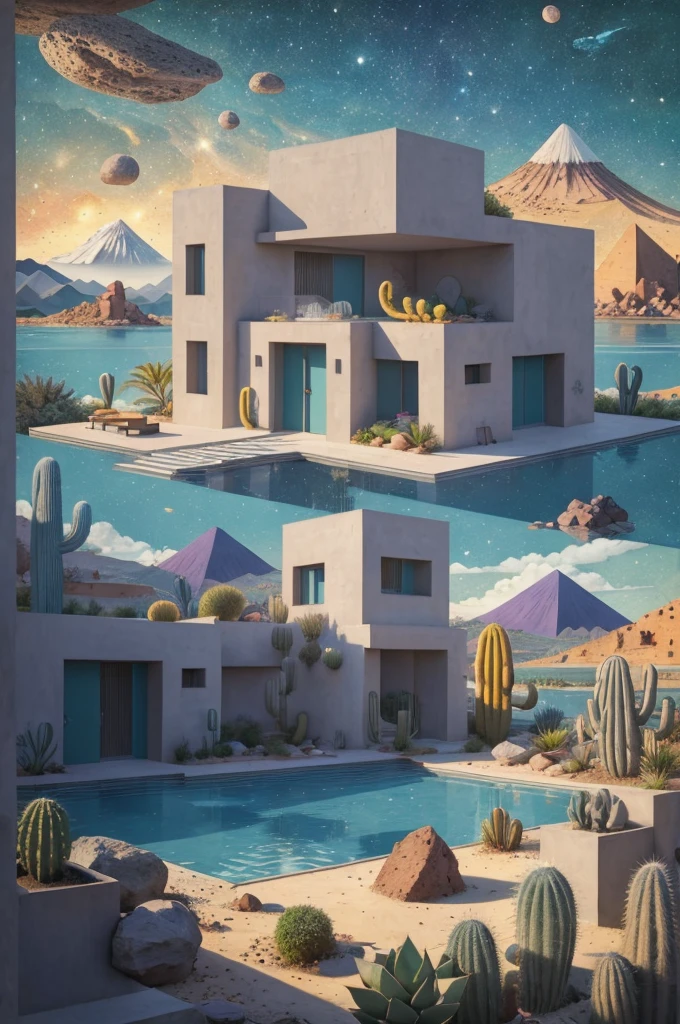 An illustration, collage style, ((David Hockney visual style)), (((Luis Barragán's architectural style houses in middle of a lake))), big boulders, little cascade, mountains, volcanos, volcanic landscape, pool, stairs, beautiful gardens, abundant vegetation, cacti, agave, big clouds, sunset. Magazine cover, serif tipography, editorial design, masterpiece, An illustration in collage style, con rocas gigantes, Brutalist construction sections, escaleras, cactus, agave, textura de concreto, Multiple geometric shapes, hatch and cross hatching, planeta Saturno. ((masterpiece, best quality)),illustration,ultra detailed 8k. (((An illustration of a build designed by Luis Barragán))), with a desertic vegetation garden, (big rocks), ((cacti)), lake, volcano in horizon, smooth clouds, (((illustration collage format))), ((Escher's art style)), (((multiple sections))), (violet, blue, olive green, grey, black and white), hard shadows, (((geometric sculptures))), concrete sculptures, high contrast, dramatic, cinematographic, ((milky way galaxy)), intricate, intricate details, sharp focus,landscape, trees