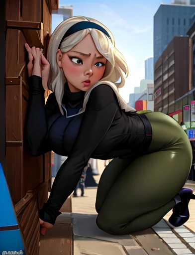 (masterpiece,best quality,absurdres,beautiful,aesthetic,detailed),cinematic angle, (Detailed face:1.2), (Detailed eyes:1.2), 1girl, solo (Gwen Stacy:1.1), curvy, bottom heavy,platinum blonde hair, bright blue eyes, ((Wearing: Black headband, olive green sweater, black leggings, black heels)), she is outside on New York streets, crowds of people on the surroundings, busy atmosphere, cinematic lighting, detailed background, she tries to squeeze and crawl through a hole in the wall but she is tightly stuck in the hole by her hips, but its no good, she's too wide, she gained a little too much weight lately, she sighs waiting for spider man to save her
