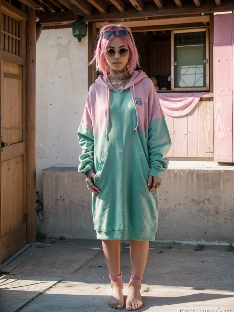 18 year old naked girl pink hair , with oversized green hoodie , many japanese tattoos on the body , colorful anklets , Sunglasses 