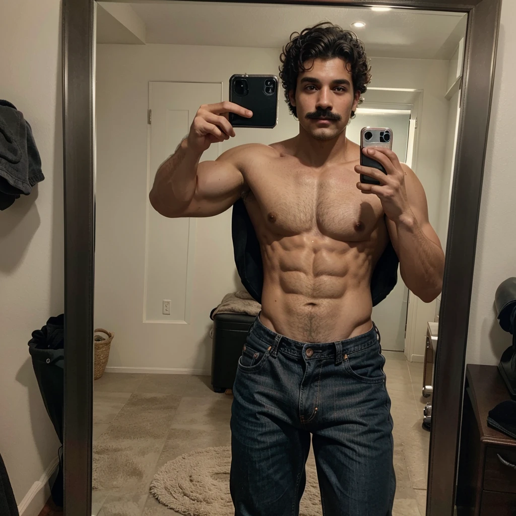 Handsome boy , light mustache, hot muscular body , medium curly hair , mirror selfie, best quality like its taken by iPhone 12 , wearing black baggy jeans