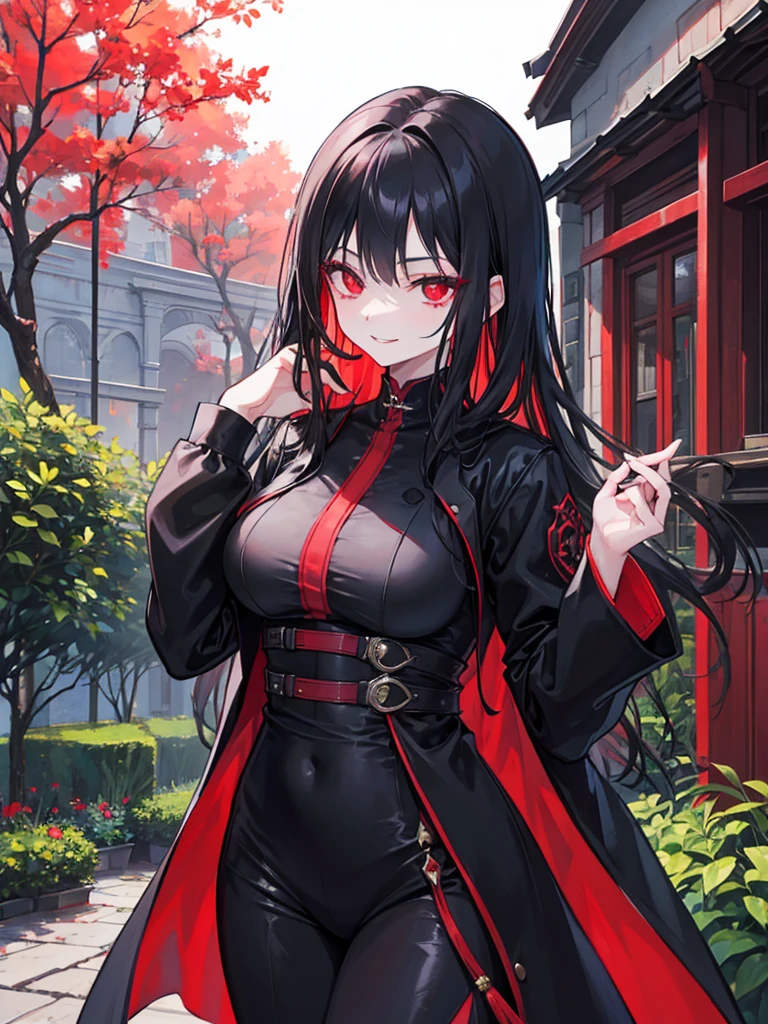 woman, red eyes, long curry wauy black hair. wear black jacket, arrogant, independent woman. background in garden. she is vampire. sadistic smile