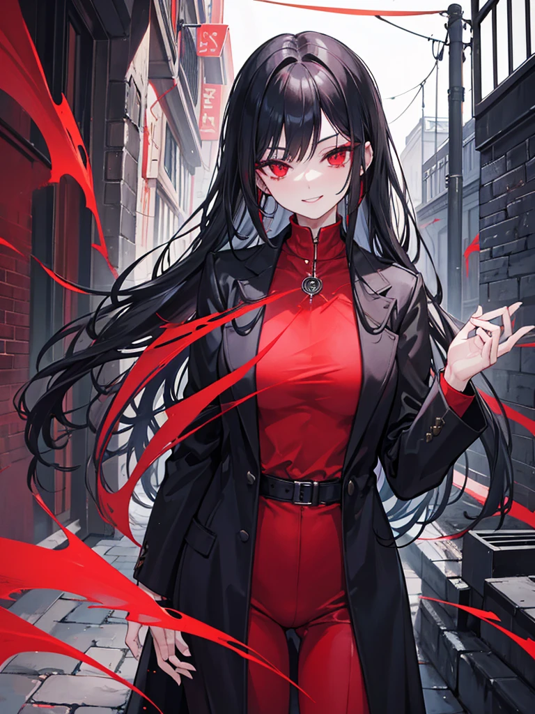 woman, red eyes, long curry wauy black hair. wear black jacket, arrogant, independent woman. background in garden. she is vampire. sadistic smile