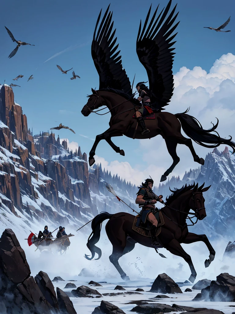 "A fierce battle scene between the Lakota villagers and the raiders led by Dark Raven. Sky, riding Spirit, leads the defense with arrows flying and shouts filling the air. The villagers and allied tribe fight valiantly, with Dark Raven's menacing presence visible in the chaos. The backdrop shows the village and the surrounding forest, emphasizing the intensity of the battle."