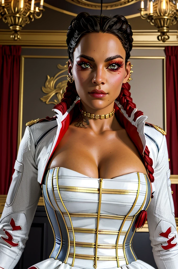 loba, lobapex corset, lobapex jacket, lobapex choker, lobapex earrings, twin braids, red eyeshadow, tattoo, portait, cleavage, looking at viewer, standing in mansion, beautiful, ((masterpiece:1.2)), ((best quality:1.2)), extremely detailed face, perfect eyes, perfect face, perfect lighting, 